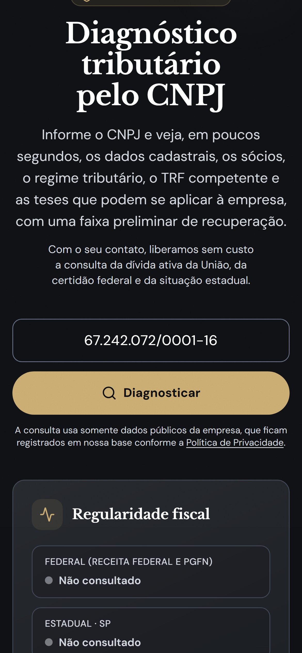 Diagnóstico pelo CNPJ no celular